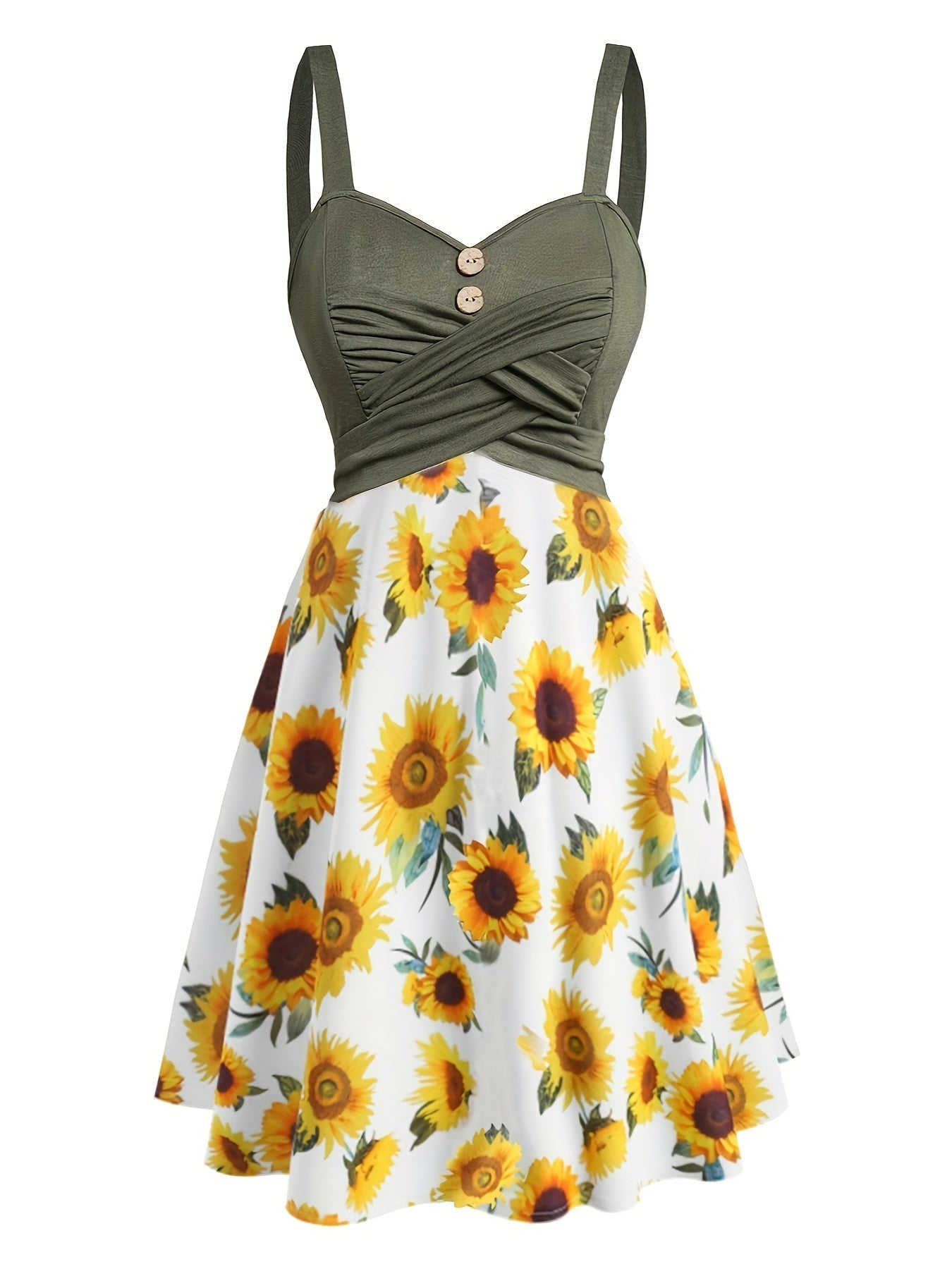 Damen Vintage Sommerkleid mit Sonnenblumenmuster und Knopfleiste – Ideal für Freizeit und Urlaub