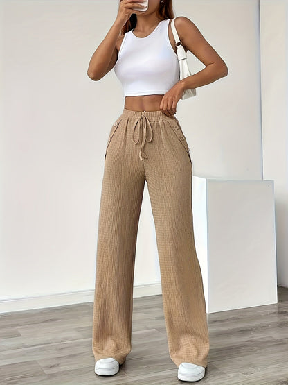 Damen Freizeithose mit weitem Bein und Knopfdetails – Bequeme Lounge- und Streetwear