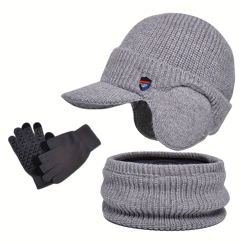 Unisex Winter Set Strickmütze mit Visier und Ohrenklappen, Rundschal und Handschuhe
