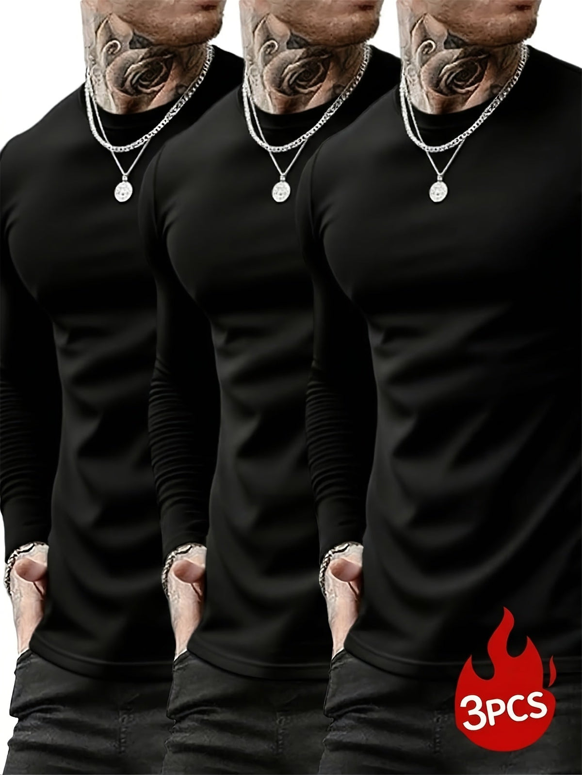 3er Pack Langarmshirt Herren Rundhals Basic Langarm T-Shirt Schwarz Weiß Grau