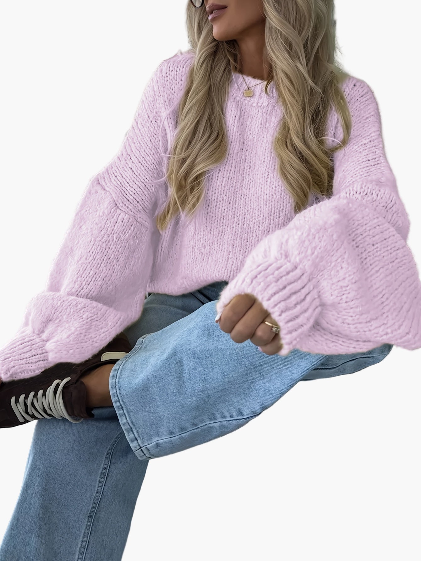 Damen Grobstrick Pullover mit Ballonärmeln für Herbst und Winter – Lässiger Strickpullover