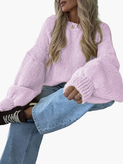 Damen Grobstrick Pullover mit Ballonärmeln für Herbst und Winter – Lässiger Strickpullover