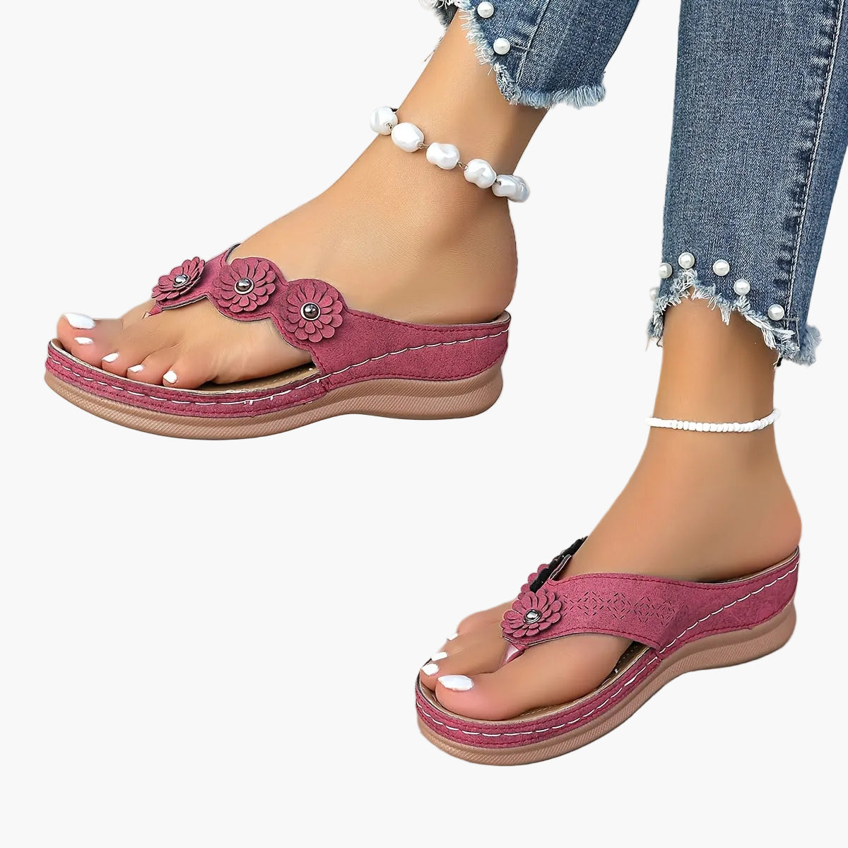 Damen Casual Zehentrenner Sandalen mit Blumenapplikation – Bequeme Sommerschuhe für Freizeit und Alltag