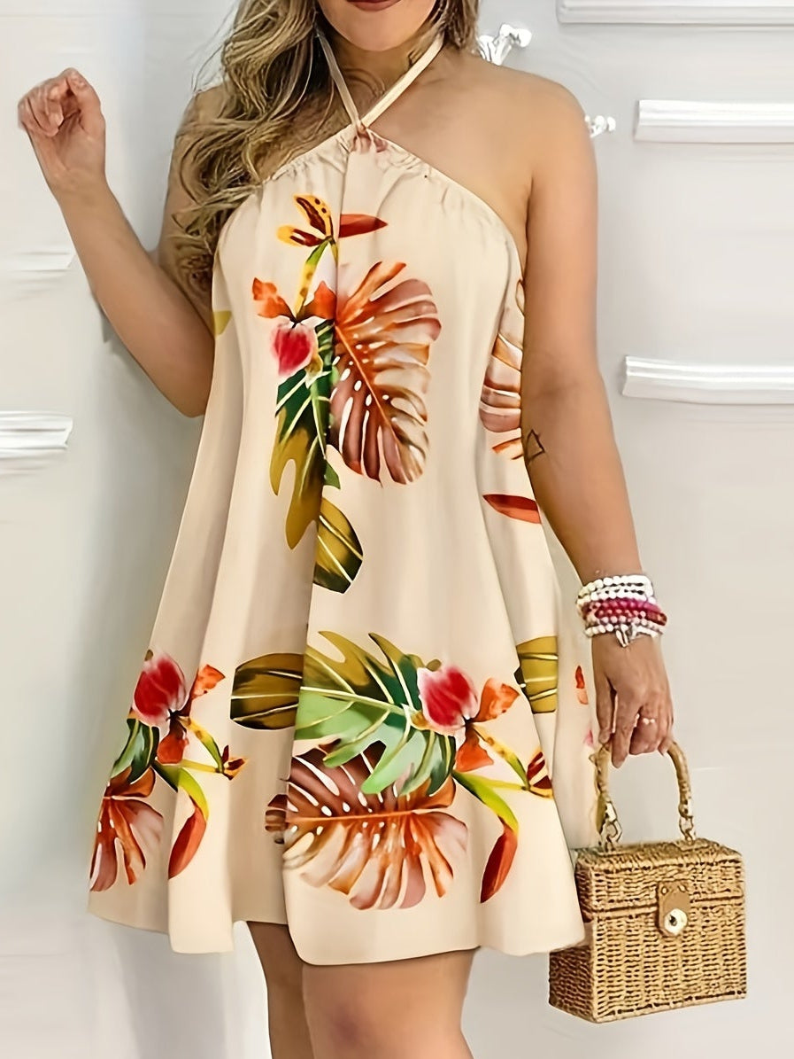 Damen Halterneck Minikleid mit tropischem Print und offenem Rücken – Elegantes Freizeitkleid für Urlaub & Ausgehen