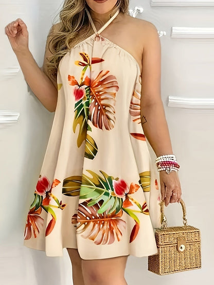Damen Halterneck Minikleid mit tropischem Print und offenem Rücken – Elegantes Freizeitkleid für Urlaub & Ausgehen