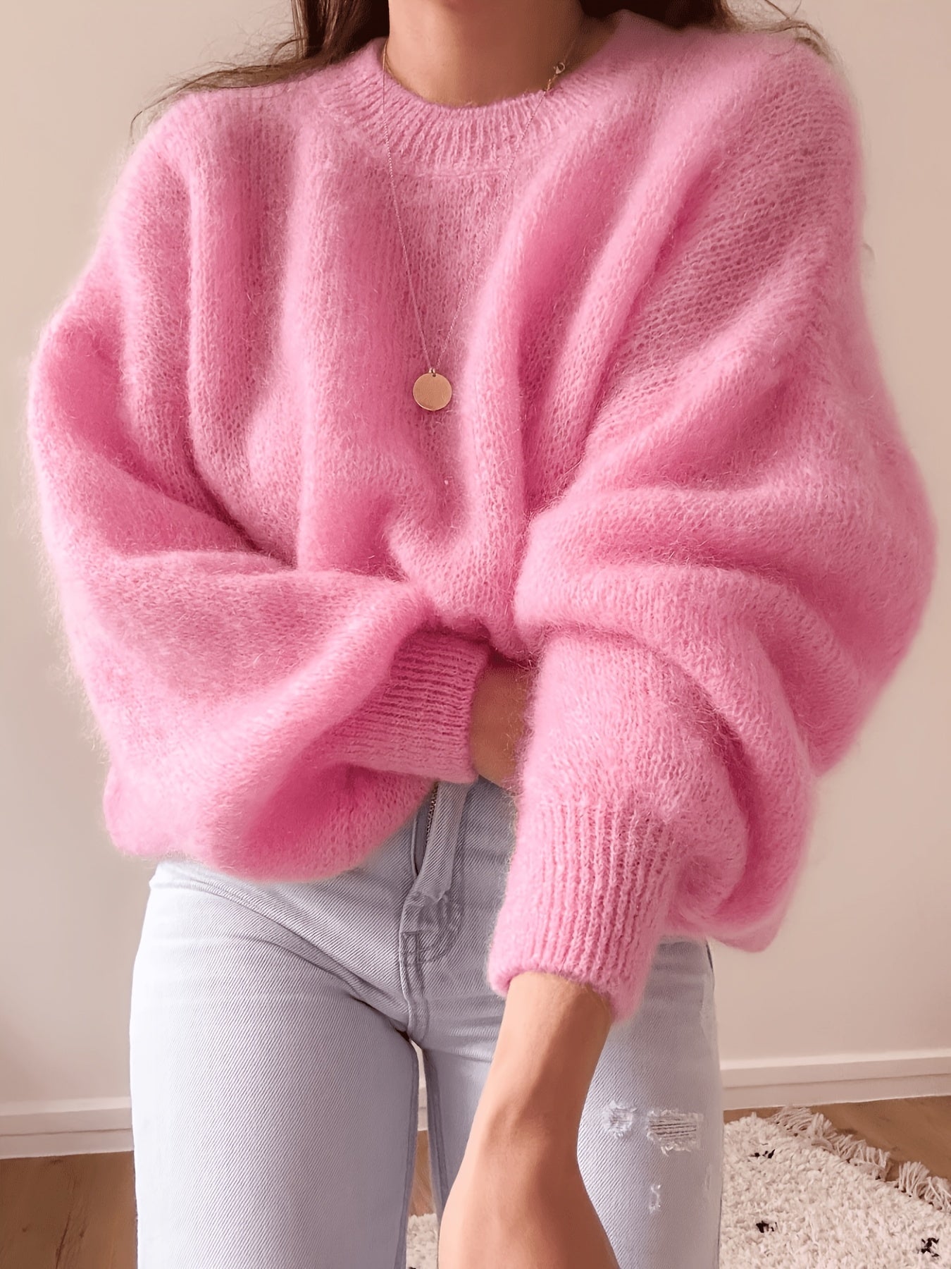 Damen Oversize Pullover Rundhals Weich Strick Langarm