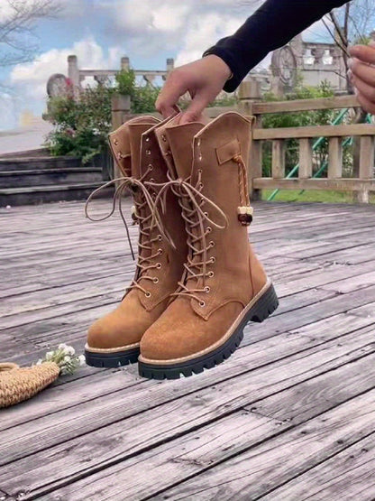 Damen Schnürstiefel Stiefel Hellbraun knöchelhoch mit Reißverschluss Profilsohle
