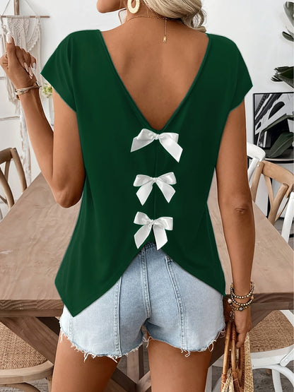 Damen Trendiges Rückendetail-Shirt mit Schleifen und V-Ausschnitt – Perfekt für Sommer, Freizeit & Urlaub