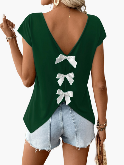 Damen Trendiges Rückendetail-Shirt mit Schleifen und V-Ausschnitt – Perfekt für Sommer, Freizeit & Urlaub