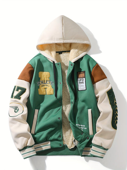 Unisex Kapuzenjacke mit Fleecefutter, Grün Beige Braun, College-Stil