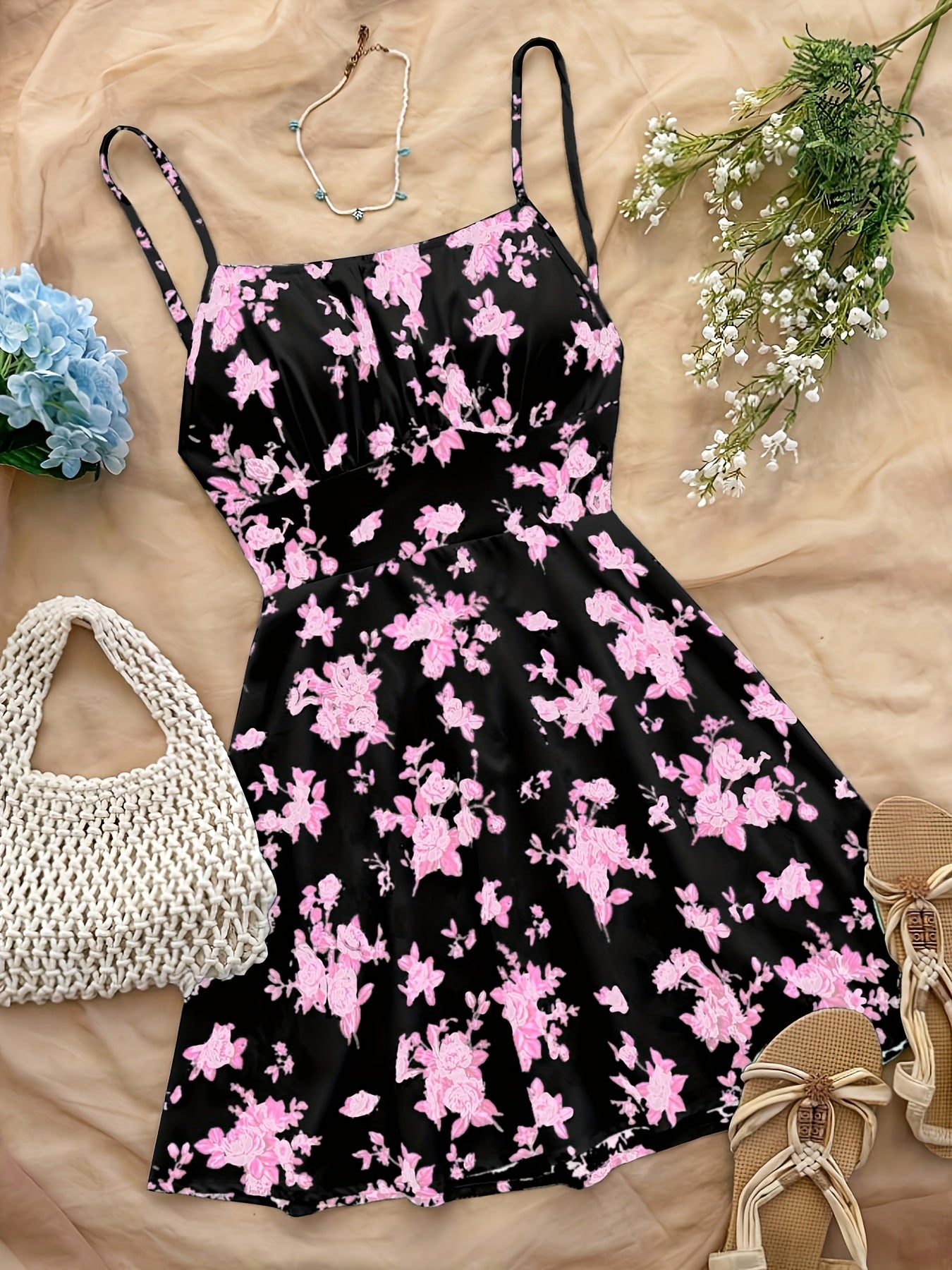 Damen Sommerkleid mit floralen Print und Spaghettiträgern – Perfekt für Urlaub und Freizeit
