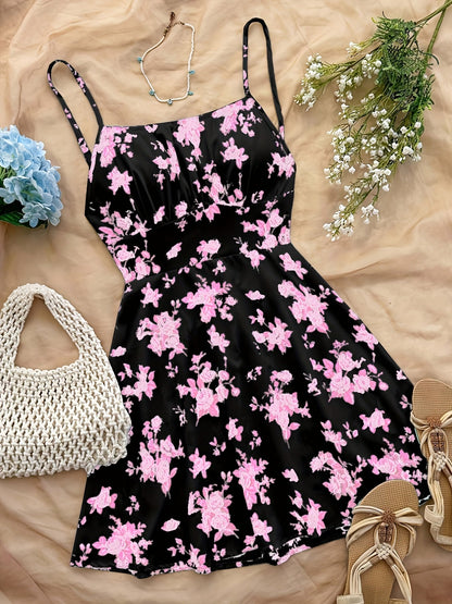 Damen Sommerkleid mit floralen Print und Spaghettiträgern – Perfekt für Urlaub und Freizeit