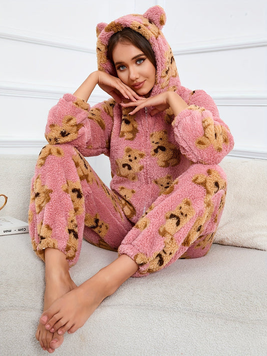 Damen Flauschiger Teddybär-Overall mit Kapuze und Reißverschluss