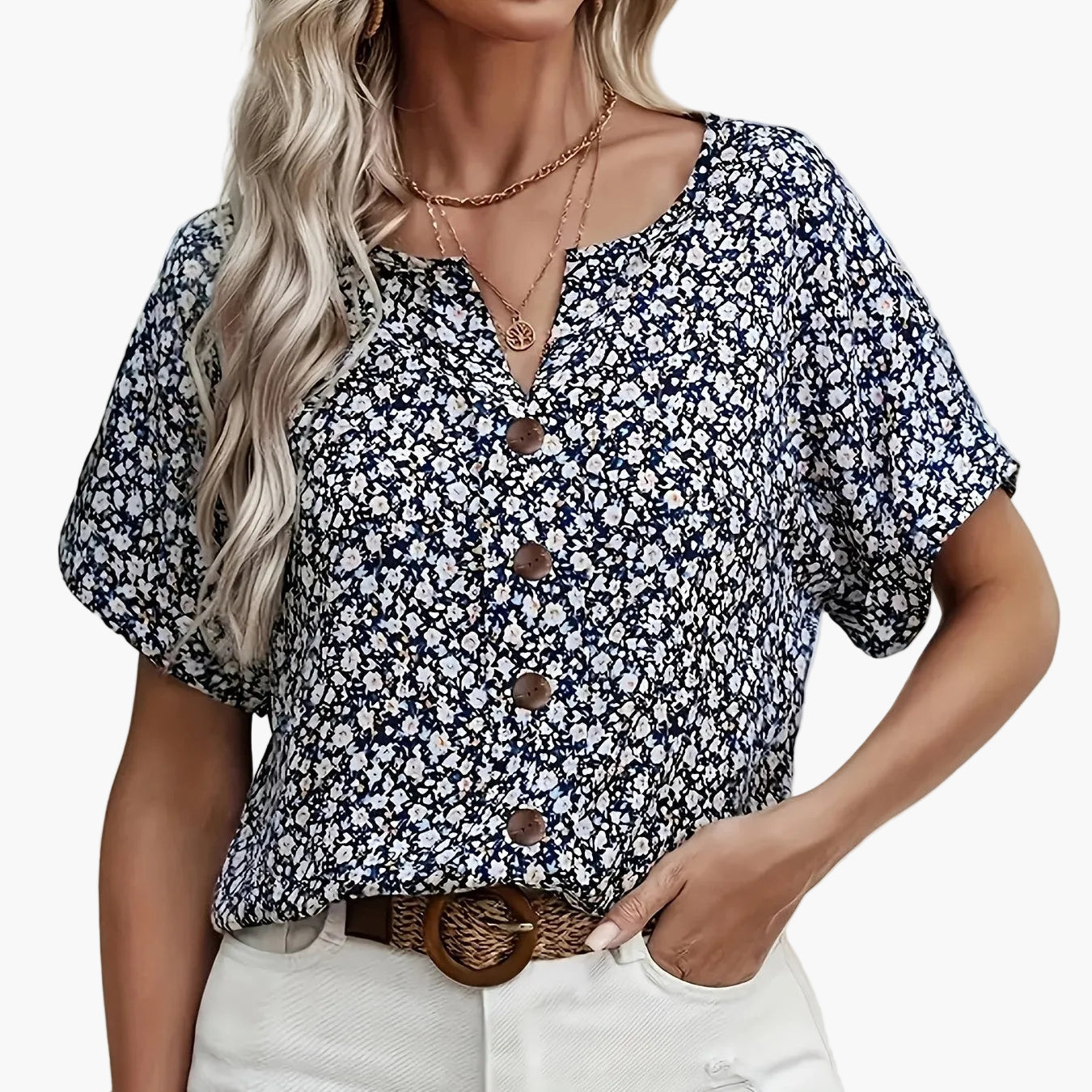Damen Bluse mit Knopfleiste – Sommerlicher Blumenprint, Kurzarm, Eleganter Freizeit-Look