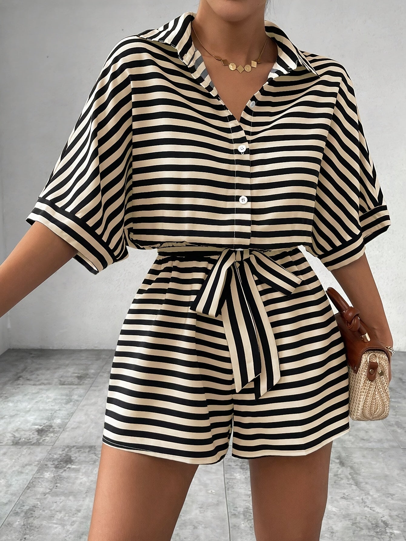 Damen Sommer Streifen Overall – Modischer Freizeit Jumpsuit mit Gürtel