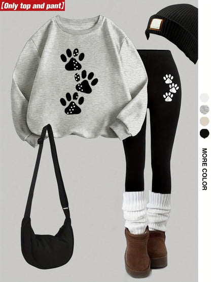 Damen Sweatshirt & Leggings Set mit Pfotenabdruck-Print, Langarm Oberteil und Hose