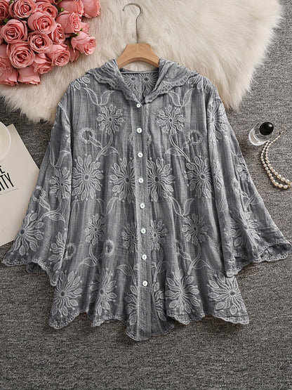 Damen Bluse Langarm mit Kapuze, Besticktes Blumenmuster, Knopfleiste