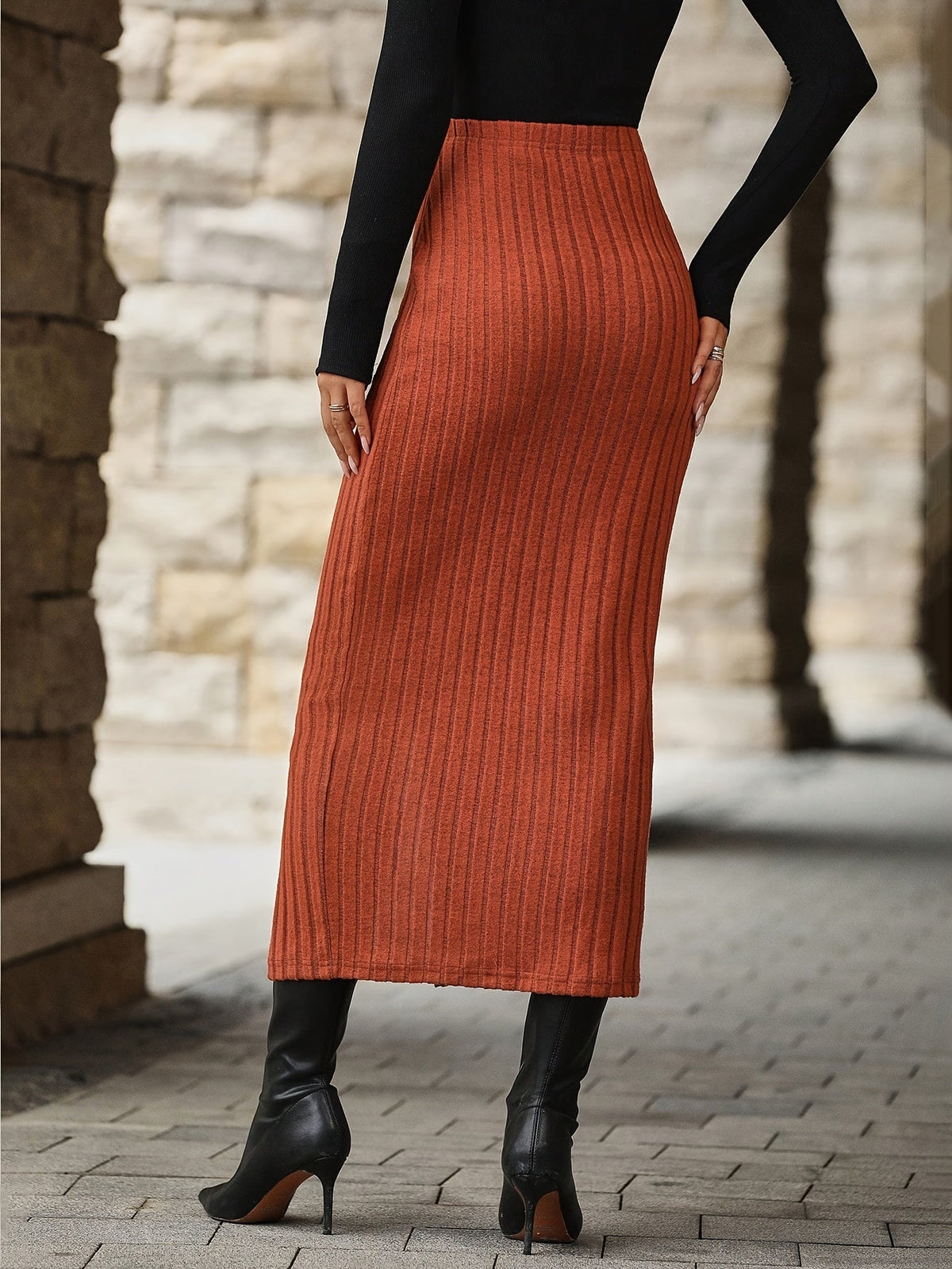 Gerippter Damen Midirock mit Knopfleiste und Schlitz vorne