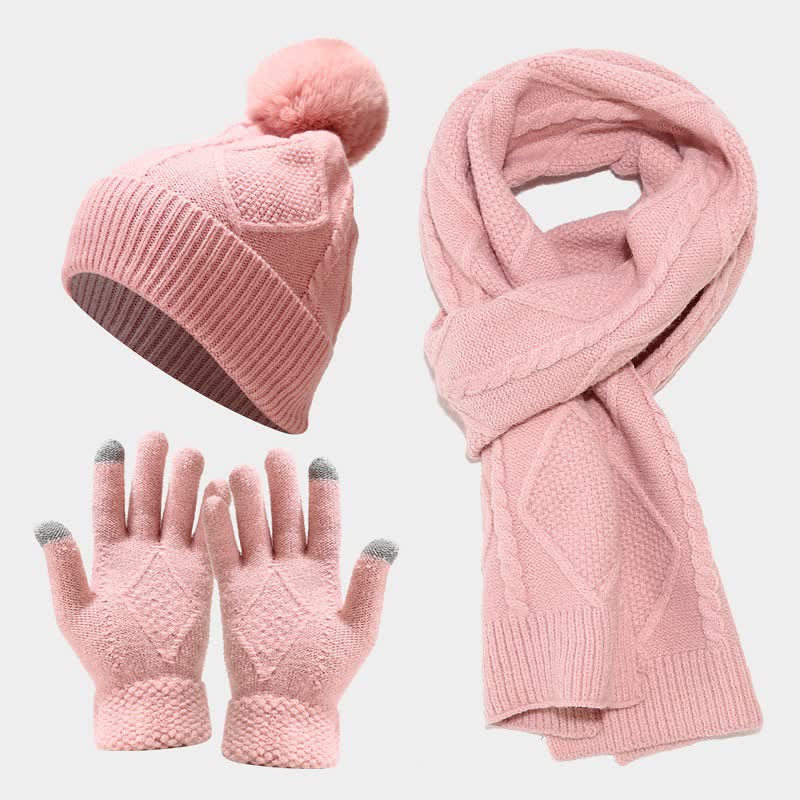 Strickmütze Schal Handschuhe Set mit Bommel und Touchscreen-Funktion