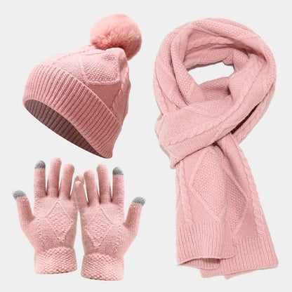 Strickmütze Schal Handschuhe Set mit Bommel und Touchscreen-Funktion