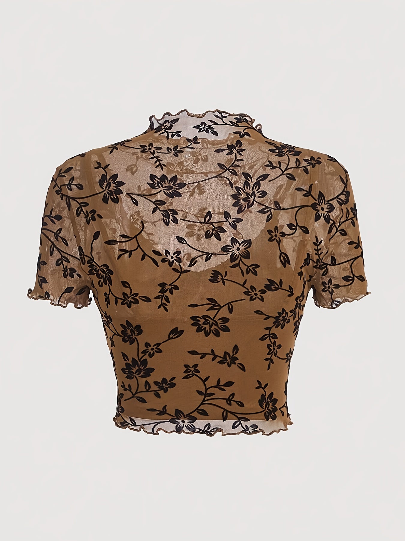 Damen Crop Top Mesh mit Blumenmuster – Elegantes halbtransparentes Shirt für Frühling & Sommer