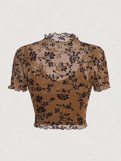 Damen Crop Top Mesh mit Blumenmuster – Elegantes halbtransparentes Shirt für Frühling & Sommer