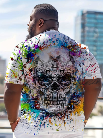 Herren T-Shirt mit Totenkopf und Farbklecks Design – Urban Streetwear, Kurzarm, Plus Size