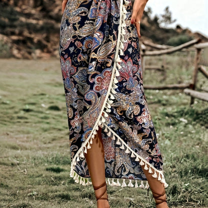 Damen Boho-Wickelrock mit Paisley-Muster und Quasten, Midi, Vintage-Stil, Elegant für Freizeit und Urlaub