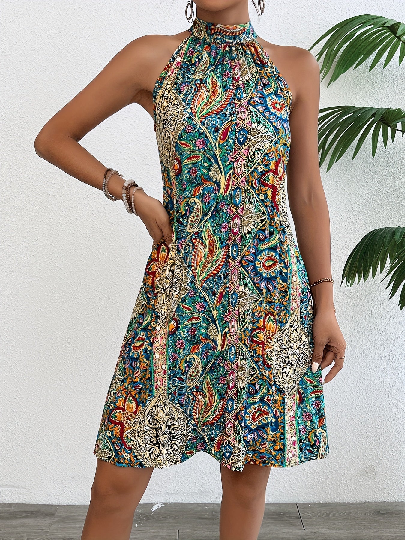 Damen Sommerkleid Elegant Boho Tunika Halter Neck für Alltag & Urlaub