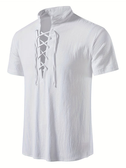 Herren Tunika Shirt Kurzarm mit Schnürung – Lässige Sommermode im Vintage-Stil