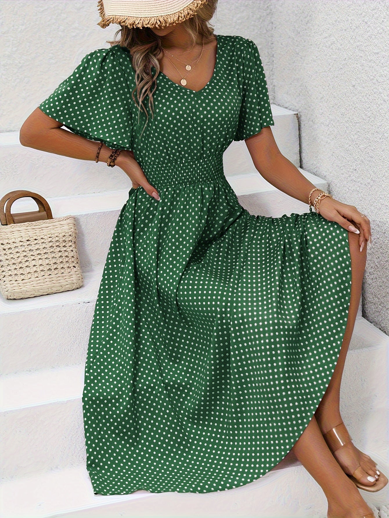 Damen Polka Dot Sommerkleid mit V-Ausschnitt – Elegantes Freizeit Maxikleid
