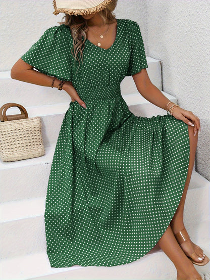 Damen Polka Dot Sommerkleid mit V-Ausschnitt – Elegantes Freizeit Maxikleid