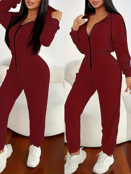 Damen Jumpsuit mit Kapuze Reißverschluss und elastischer Taille – Einteiler Freizeitanzug