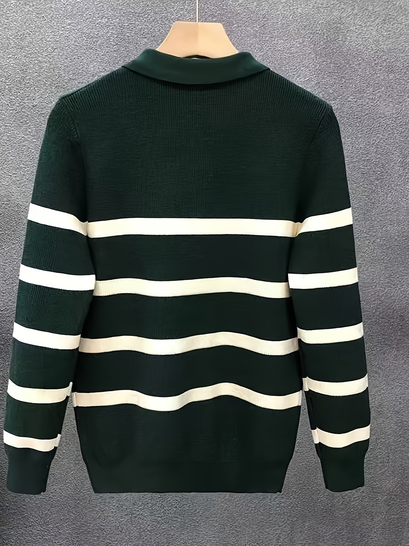 Unisex Langarm Poloshirt mit Reißverschluss, gestreift, gerippt, lockere Passform