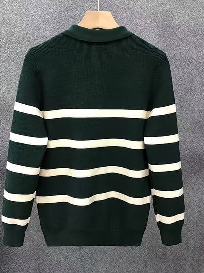 Unisex Langarm Poloshirt mit Reißverschluss, gestreift, gerippt, lockere Passform