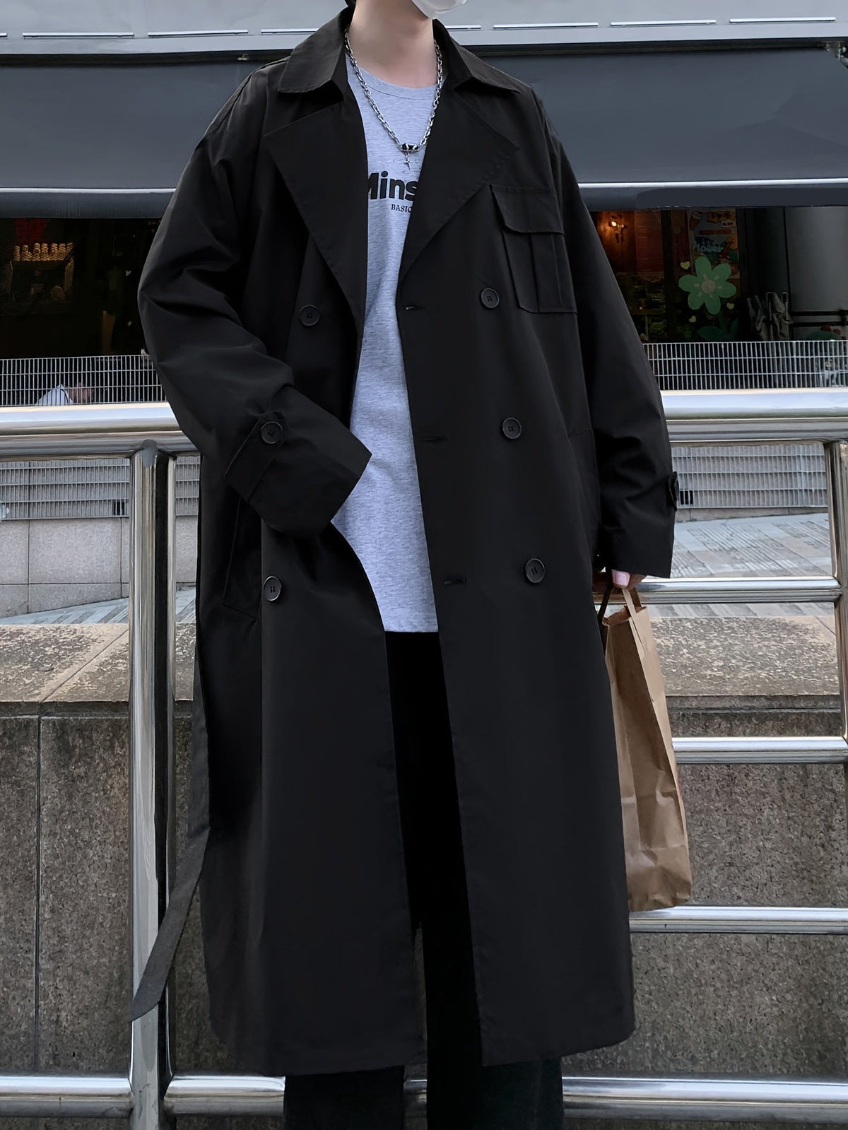 Unisex Trenchcoat Lang Zweireihig mit Gürtel in Beige oder Schwarz