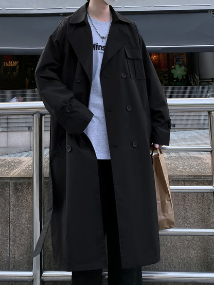Unisex Trenchcoat Lang Zweireihig mit Gürtel in Beige oder Schwarz