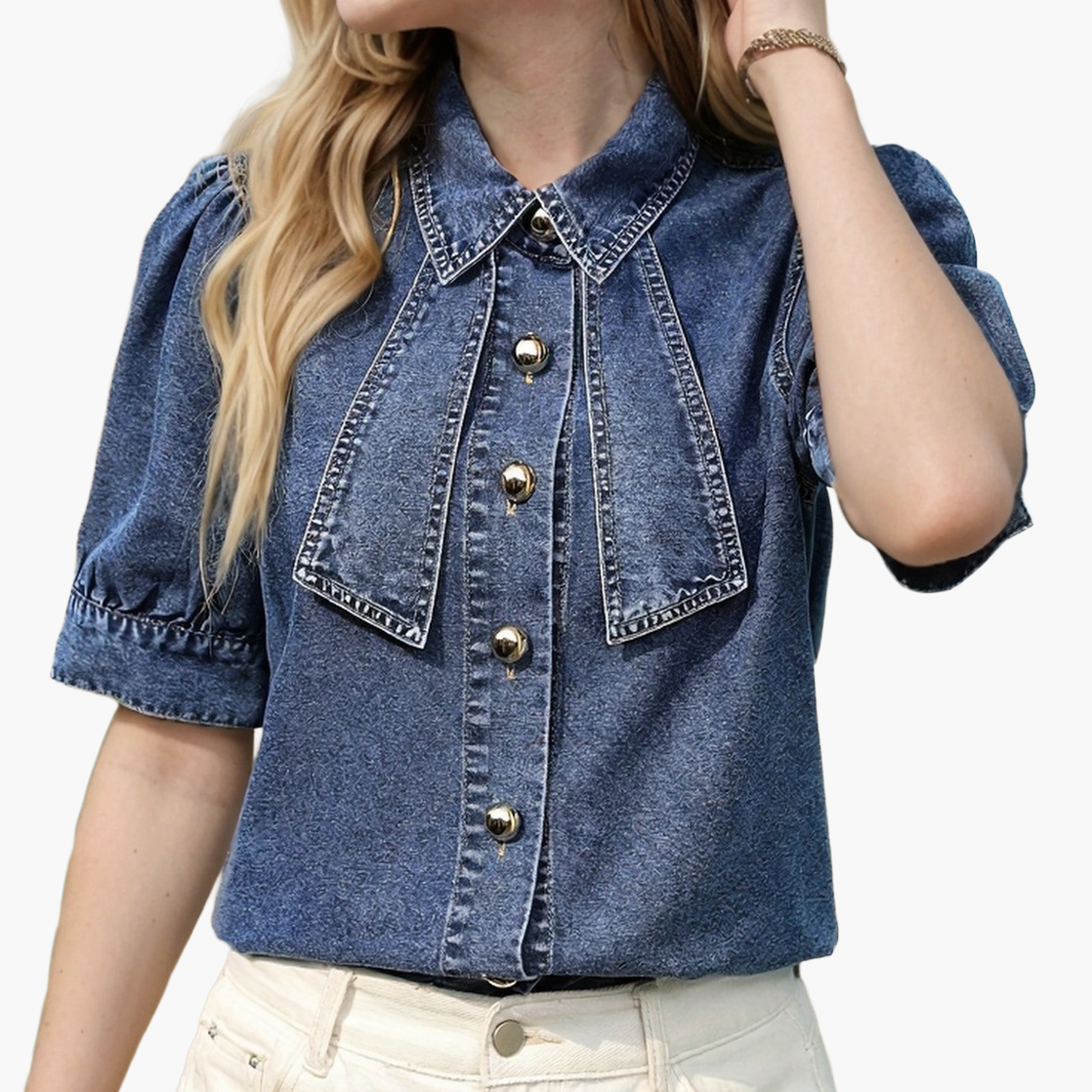 Damen Jeansbluse im Vintage-Stil mit Puffärmeln und Statement-Kragen – Modisch für Alltag und Freizeit