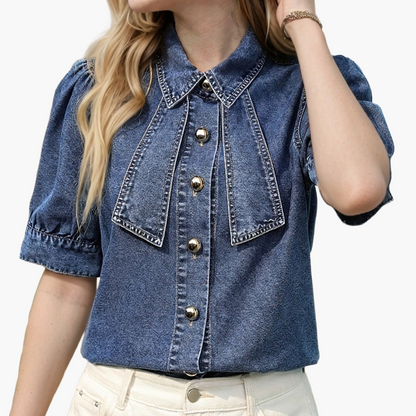 Damen Jeansbluse im Vintage-Stil mit Puffärmeln und Statement-Kragen – Modisch für Alltag und Freizeit