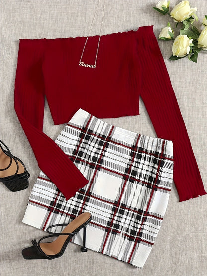 Damen Off-Shoulder Set – Elegantes Party Outfit mit Langarm-Top und Karierter Minirock