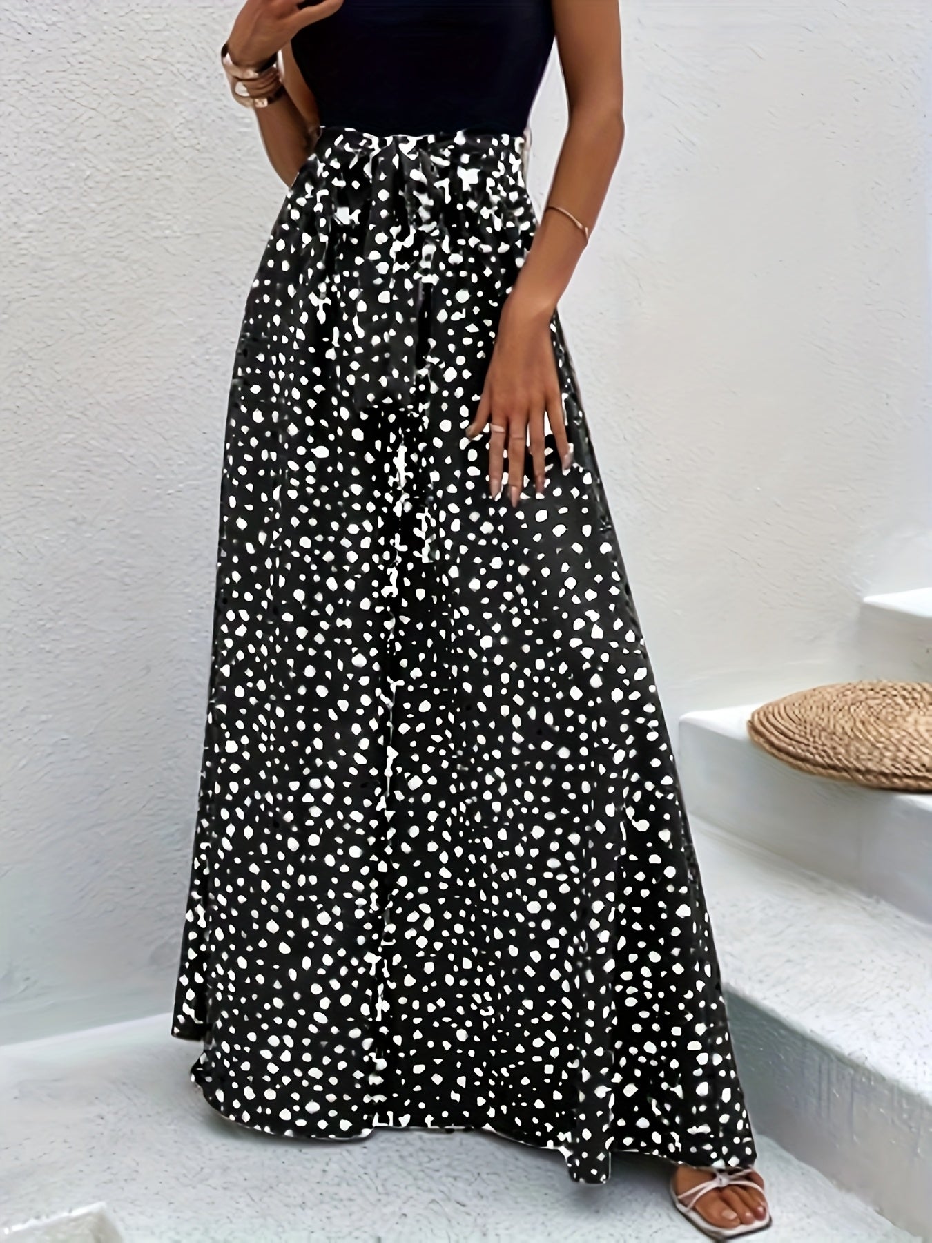 Damen Elegante Weitbeinige Palazzo-Hose mit Gürtel und Punktemuster – Perfekt für Freizeit und Sommer