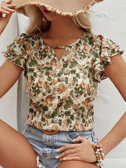 Damen Blusenshirt mit Blumenmuster und Volantärmeln – Sommerlich, Elegant, Freizeit & Alltag