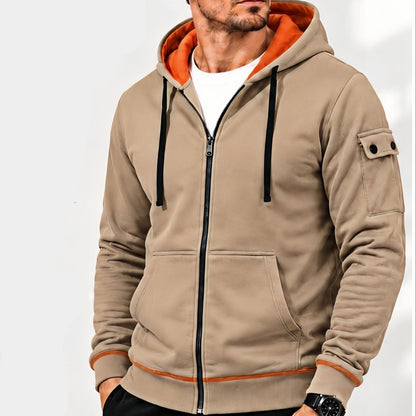 Herren Kapuzenjacke mit Reißverschluss und Kontrastfutter, Ärmeltasche