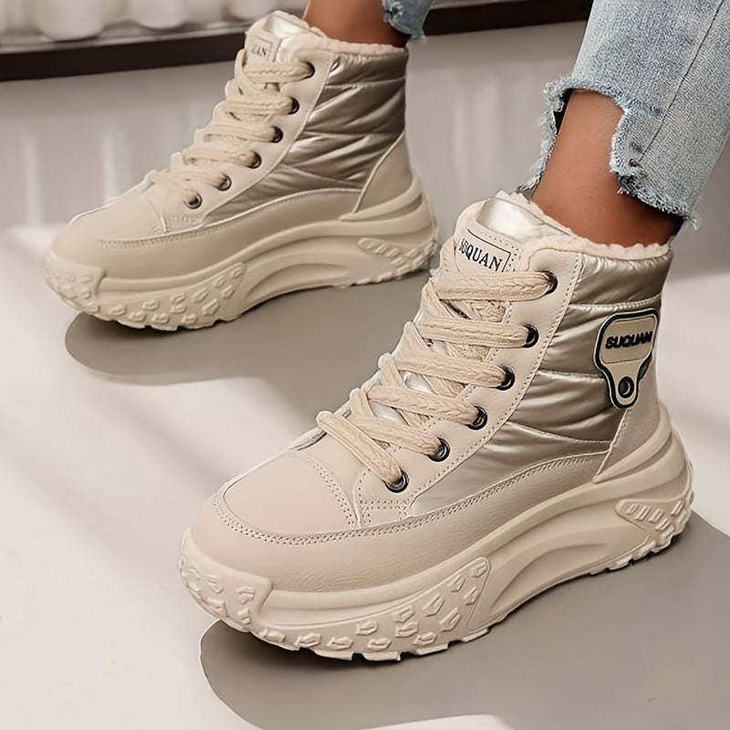 Damen Winter Stiefel Hoher Schaft Schnürsenkel Fellfutter Beige