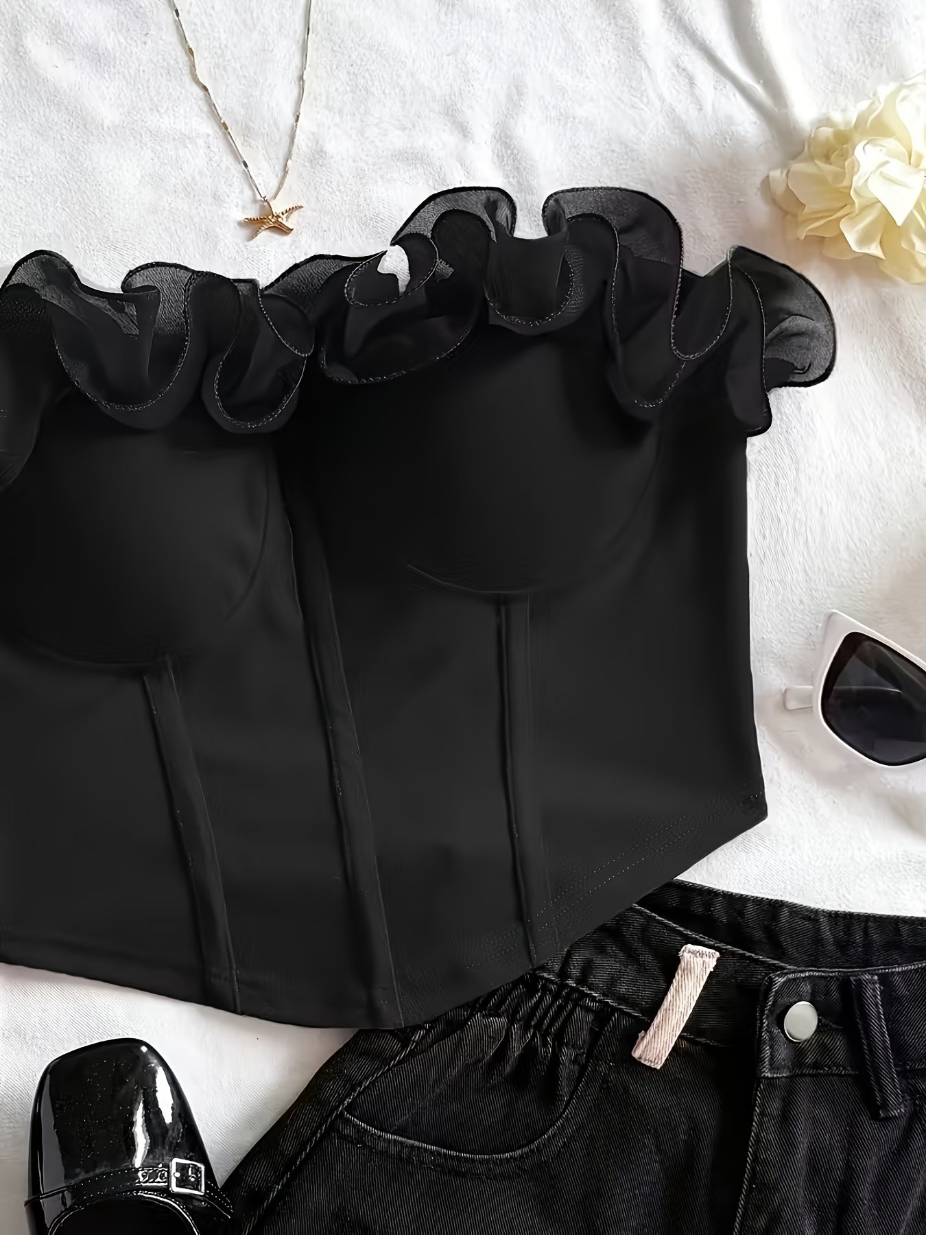 Damen Bustier Top schulterfrei mit Volant und Rüschen – Elegantes Party- und Ausgeh-Oberteil