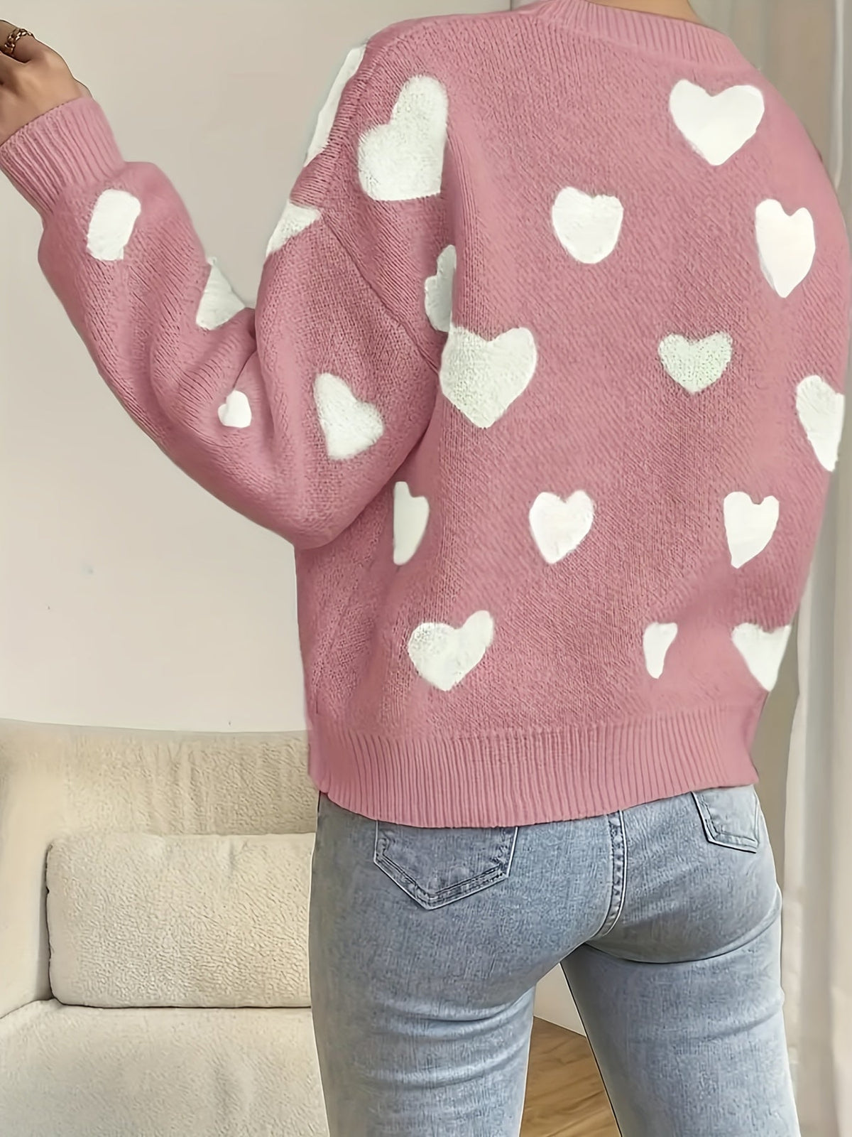 Damen Pullover Rundhals Herzmuster Langarm Strickpullover