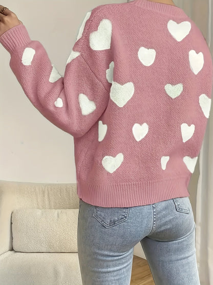 Damen Pullover Rundhals Herzmuster Langarm Strickpullover
