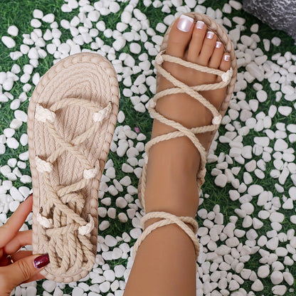 Damen Boho Flache Wickel-Sandalen für Freizeit und Urlaub