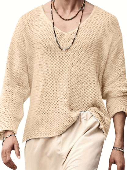 Herren Strickpullover V-Ausschnitt Lockerer Mesh-Look Freizeitpullover für Alltag und Urlaub