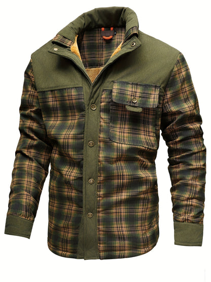 Herren Hemdjacke Grün Kariert mit Sherpa-Futter und Cord-Details